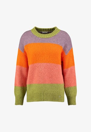 Maglione lavorato a maglia grossa con ampie strisce orizzontali in viola, arancione acceso, rosa e verde oliva, con polsini e orlo a coste.
