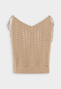 Beige gebreide top met verstelbare bandjes op de schouders, voorzien van een textuur zigzagpatroon en een getailleerde pasvorm. Gemaakt van lichtgewicht materiaal.