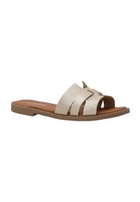 Open-toe sandalen met een gouden metallic bandontwerp, met een gestructureerde bovenkant en een bruine zool. Beschikt over meerdere gekruiste banden voor ondersteuning.