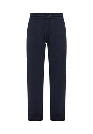 Pantaloni felpati color navy realizzati in tessuto morbido, con vita elastica regolabile tramite coulisse, gambe con taglio affusolato, senza motivi o accenti visibili.