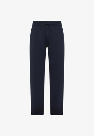 Pantaloni felpati color navy realizzati in tessuto morbido, con vita elastica regolabile tramite coulisse, gambe con taglio affusolato, senza motivi o accenti visibili.
