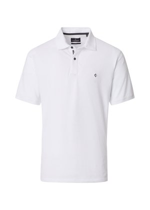 White short-sleeve polo shirt with collar, two buttons, and small dark embroidered logo on the left chest.