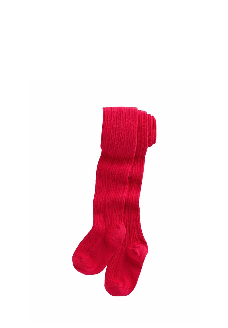 Røde ribbede strømpebukser lavet af et blødt materiale, med et vandret stribemønster og lukket tå, passende til forskellige outfits.