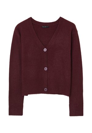 Cardigan bordeaux con scollo a V, cinque bottoni sul davanti e maniche lunghe; tessuto a maglia, design corto e finitura liscia.