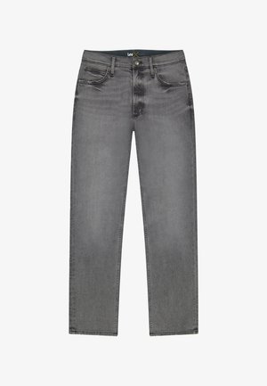 Hallid sirgelõikeline teksapüksid ees nupuga ja tõmblukuga, viie tasku ja vööaasadega, millel on peen hääbumine ning Lee kaubamärgi silt vöökoha siseküljel.