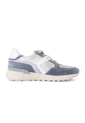 Baskets basses avec panneaux en daim blanc, gris et lavande, lacets blancs et semelle épaisse beige, vues de profil.