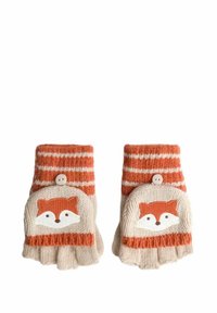 Laste koeravõimlemise sõrmevabad kindad, millel on oranžid ja valged triibud, foxi näo disain ja nööpsulgur beezil riidel.