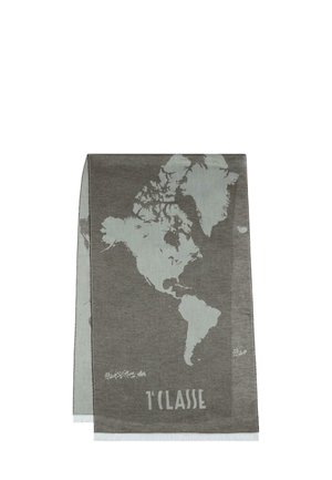 Sciarpa grigia con motivo mappa in azzurro chiaro, rifinita con frange e con il testo "T'Classe" in basso. Texture morbida e forma rettangolare.