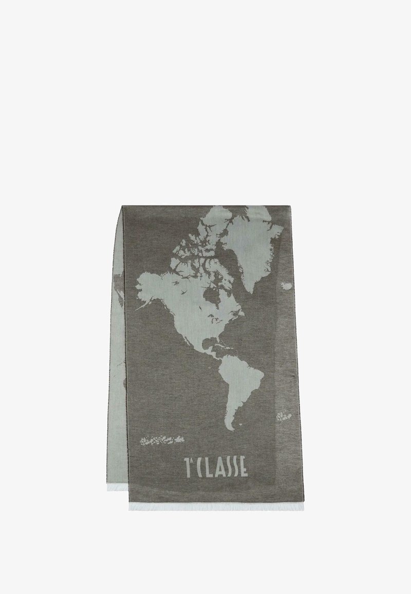 Sciarpa grigia con motivo mappa in azzurro chiaro, rifinita con frange e con il testo "T'Classe" in basso. Texture morbida e forma rettangolare.