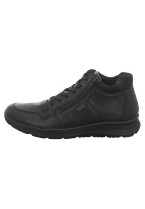 Schwarze Leder-Hochschaft-Sneaker mit Schnürsenkeln und seitlichem Reißverschluss, ausgestattet mit einer strukturierten Gummisohle und einem minimalistischen Design ohne Muster.