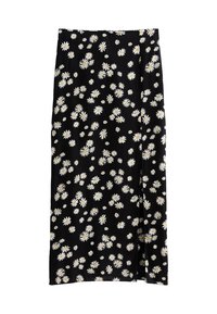 Black midi skirt with a daisy floral pattern in white and yellow, featuring a relaxed fit and side slit for ease of movement.