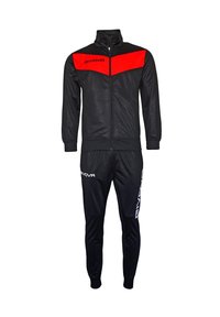 Zwarte trainingspak met een rode accent op de jas, ritsontwerp en GIVOVA-logo in het wit op zowel de jas als de broek.