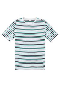 Kurzarm-T-Shirt aus Baumwolle, mit horizontalen Streifen in Marineblau, Türkis und Weiß. Rundhalsausschnitt und lockere Passform.