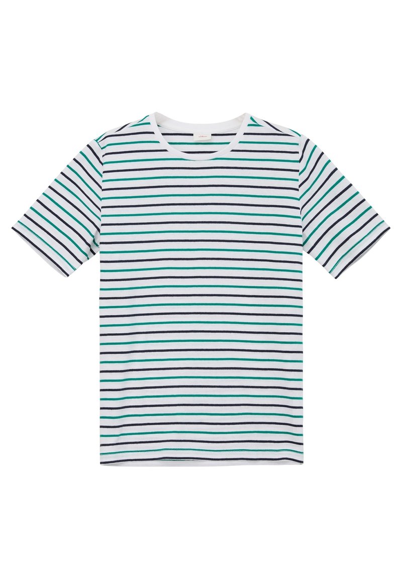 Kurzarm-T-Shirt aus Baumwolle, mit horizontalen Streifen in Marineblau, Türkis und Weiß. Rundhalsausschnitt und lockere Passform.