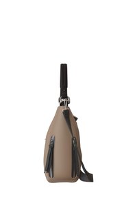 Braune Ledertasche mit konischer Form, ausgestattet mit zwei Reißverschlussfächern an den Seiten, schwarzem Tragegurt und glatter Textur.