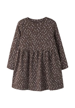 Robe bébé marron à manches longues avec petit imprimé floral blanc et taille froncée, en tissu côtelé.