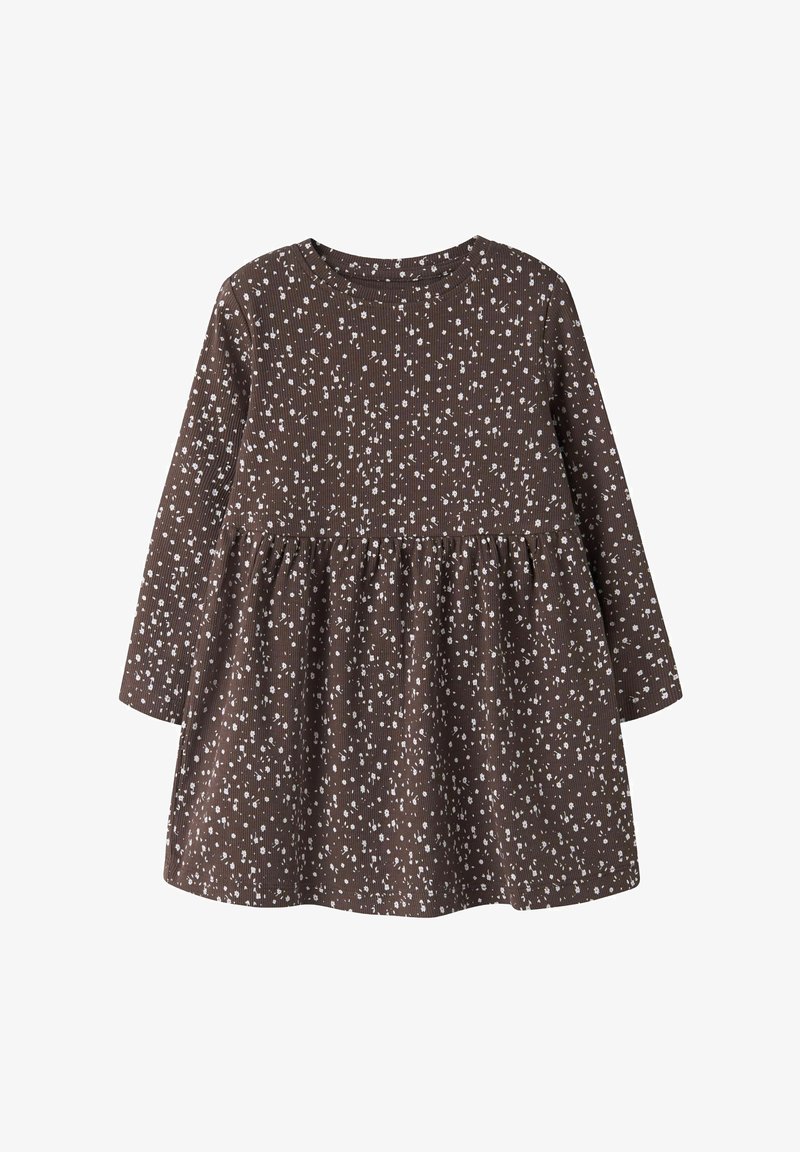 Robe bébé marron à manches longues avec petit imprimé floral blanc et taille froncée, en tissu côtelé.