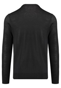 Sort striktrøje med rund hals, lange ærmer og ribbet kant forneden. Stoffet har en fin tekstur og et let udseende.