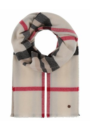 Beige tørklæde med sorte og røde tern, frynser i kanten og et lille brunt logo som accent. Blød tekstur, velegnet til lag-på-lag styling.