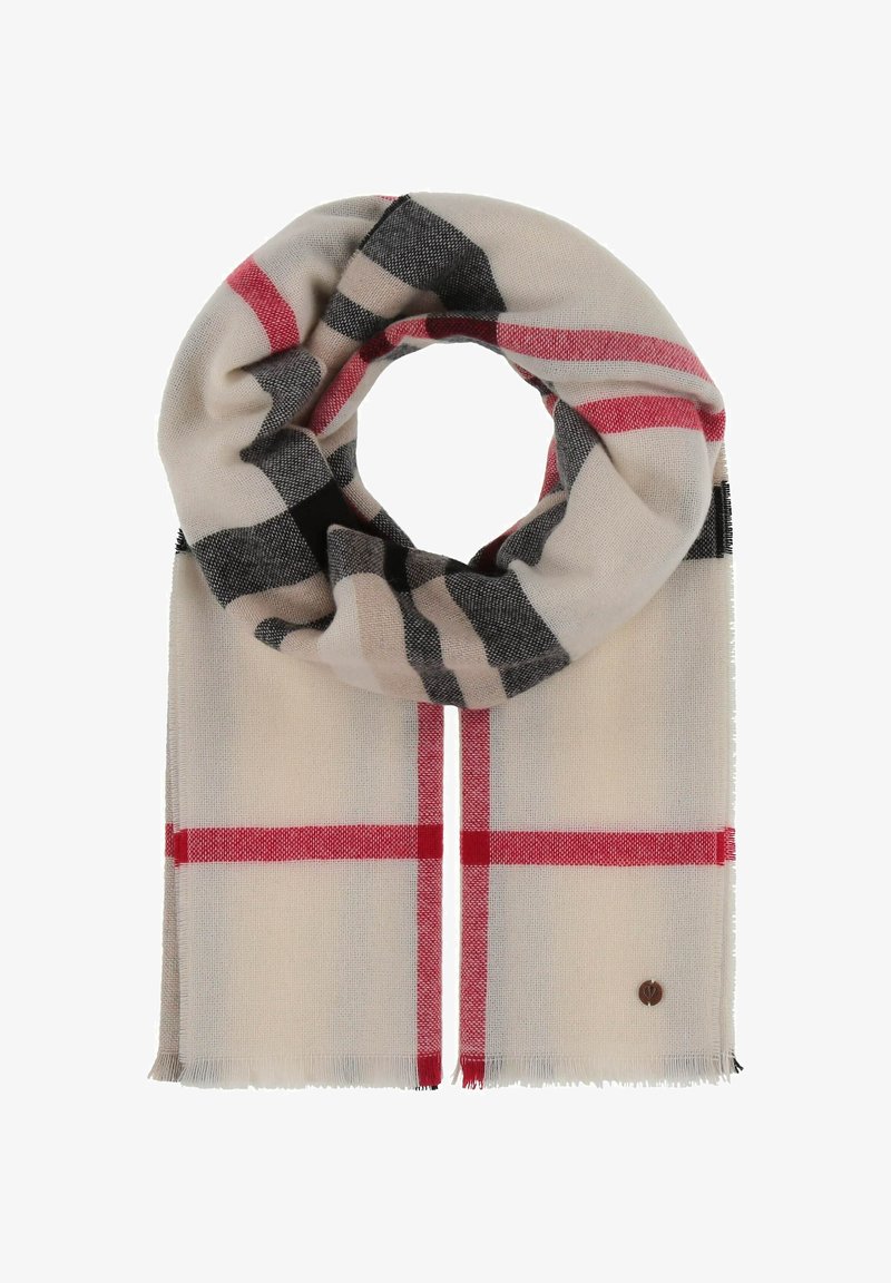 Beige scarf with black and red checks, fringed edges, and a small brown logo accent. Soft texture, suitable for layering.