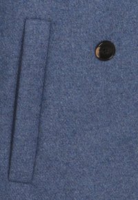 Blaues Wollmantelgewebe mit einem auffälligen schwarzen Knopf und einer Seitentasche. Die Textur wirkt weich und leicht strukturiert.