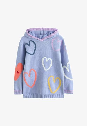 Felpa leggera azzurro chiaro lavorata a maglia con motivi a forma di cuore multicolore, dettagli a coste rosa sul cappuccio e sull'orlo, texture morbida, design casual.