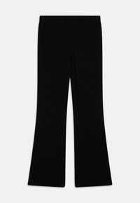 Zwarte flared broek gemaakt van zachte, rekbare stof. Ontworpen met een elastische tailleband en een gladde textuur.