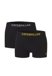 Zwarte boxershorts, de ene met een grijze CATERPILLAR tailleband, de andere met geel. Zacht, rekbaar materiaal; standaard pasvorm; geen patronen.