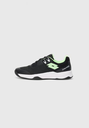 Black and green lace-up athletic shoe with mesh upper, white sole, and "padel" logo on the heel side, shown in profile on white background.