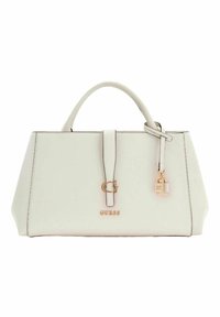 Borsa a mano in pelle bianca con forma strutturata, dettagli in metallo dorato, logo sul davanti e una serratura decorativa attaccata alla tracolla.