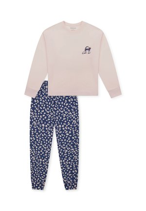 Helles Rosa Langarmoberteil mit Katzenmotiv; marineblaue Leggings mit cremefarbenem Leopardenmuster; weicher Baumwollstoff.