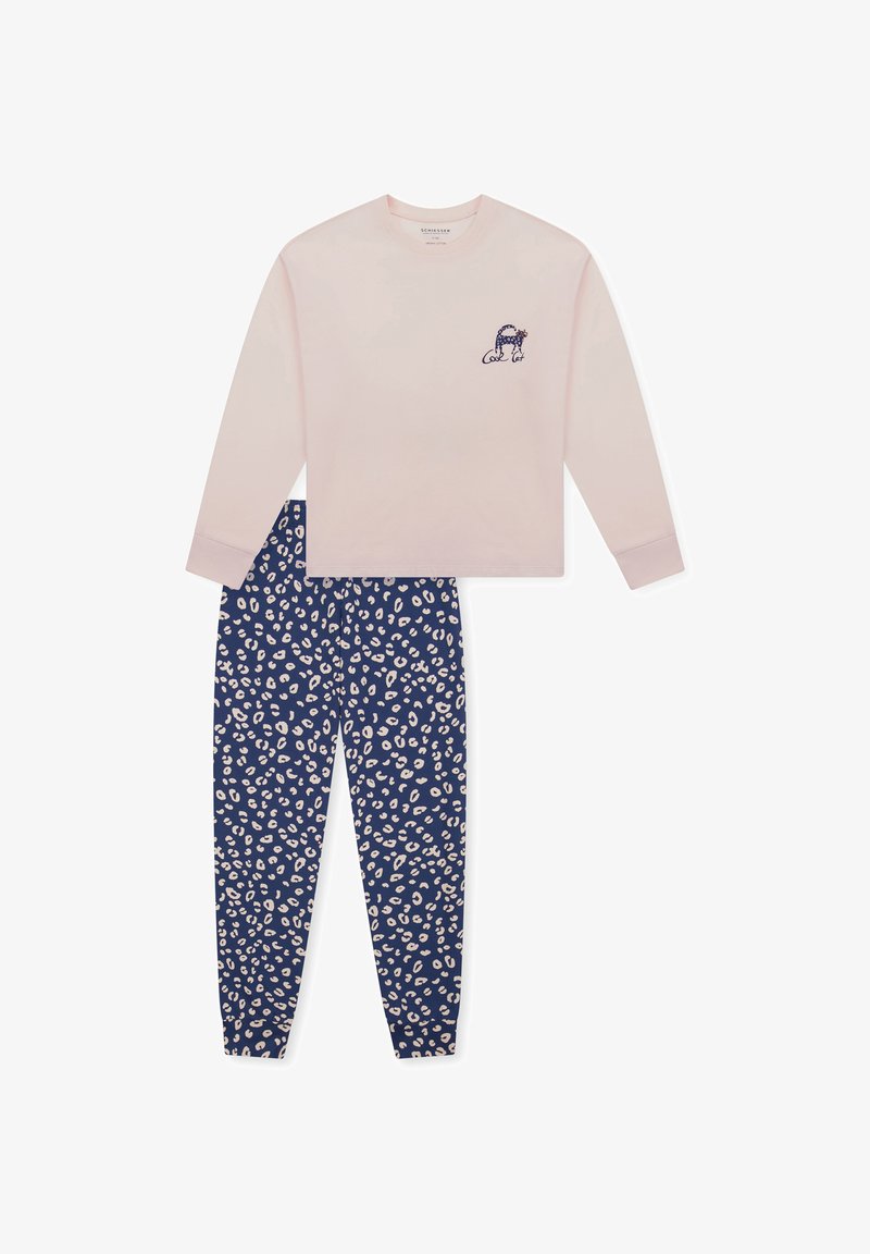 Top a maniche lunghe rosa chiaro con grafica di un gatto; leggings blu navy con motivo a macchie di leopardo crema; in morbido cotone.