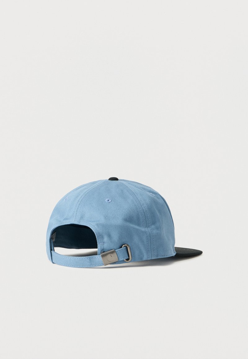 Light blue baseball cap with black visor, shown from the back, featuring an adjustable metal buckle strap.