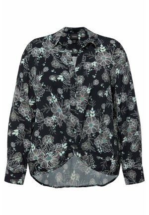 Dlouhý rukáv blůza v černé tkanině s květinovým potiskem v světle modré a bílé barvě, s límečkem na knoflíky a designem se zavázaným předním dílem.