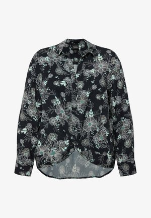 Langarm blouse van zwart fabric met een bloemenprint van lichtblauwe en witte bloemen, een knoopsluiting kraag en een geknoopte voorkant.