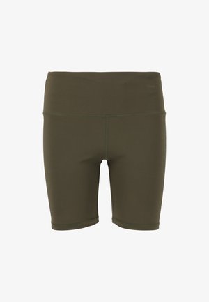 Oliivinvihreät urheilushortsit, jotka on valmistettu joustavasta kankaasta, leveällä elastisella vyötärönauhalla ja litteillä saumoilla mukavuutta varten.