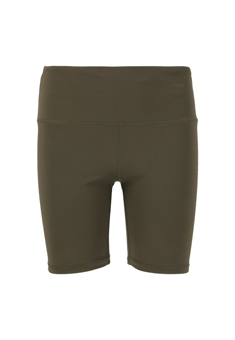 Oliivinvihreät urheilushortsit, jotka on valmistettu joustavasta kankaasta, leveällä elastisella vyötärönauhalla ja litteillä saumoilla mukavuutta varten.