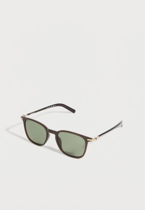 Rectangular dark brown frame sunglasses with green lenses and thin black arms, displayed on a plain white background.