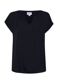 Haut noir à manches courtes avec encolure en V, présentant un motif texturé subtil et une coupe décontractée. Fabriqué en tissu léger et lisse.