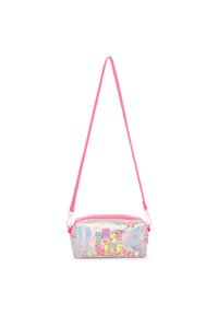 Ολογραφική μικρή τσάντα ώμου με ροζ λουράκι, διακοσμημένη με πολύχρωμο κονφετί και το κείμενο "BEST LIFE" με ζωηρά γράμματα.