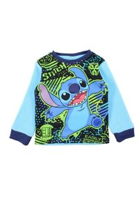 T-shirt à manches longues avec un fond bleu et un panneau avant noir. Imprimé d'un personnage de dessin animé, "Stitch", en couleurs vives et avec du texte.