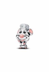 Figúrka kuchárskeho myška v striebornej farbe s ružovými akcentmi na ušiach a nose. Má veľké okrúhle oči a kuchársku čiapku, v ruke drží malý jedlo.