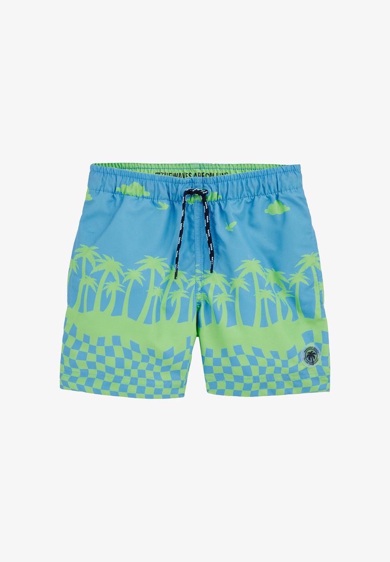 Modré a zelené plavky s vzorom palmových stromov a kockovaným motívom, elastický pás, predný šnúrkový sťahovací pás a jemná textúra látky.