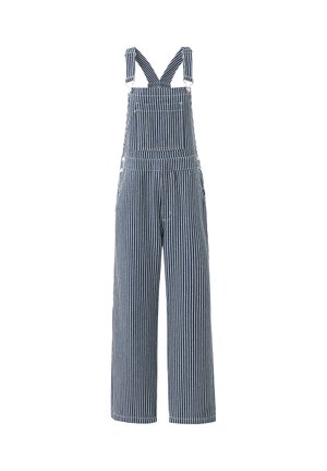 Gestreifte blaue Latzhose aus Baumwolle mit weit geschnittenen Beinen, verstellbaren Trägern und einer Fronttasche, die einen lässigen Schnitt bietet.