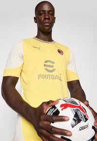 Maglietta da calcio gialla a maniche corte, logo grigio e distintivo. La persona tiene un pallone da calcio bianco e nero con dettagli rossi.