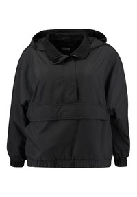 Juodas lengvas gobtuvėlis su priekyje campūnčiu užtrauktuku, elastinėmis rankovėmis ir apatine briauna. Lygus audinys su paprastu dizainu ir be raštų.