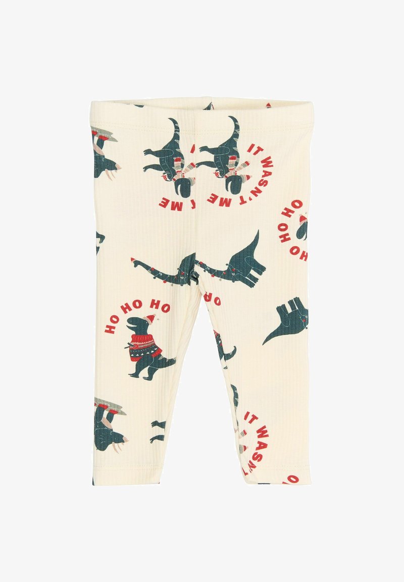 Tejanyagú, krém színű leggings, bordázott textúrával, sötétzöld dinoszauruszos grafikákkal, piros részletekkel és játékos szöveggel.