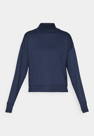 Sweatshirt col roulé bleu marine en tissu doux. Doté de manches longues, d'une coupe décontractée et de poignets et d'un ourlet côtelés. Design minimaliste.