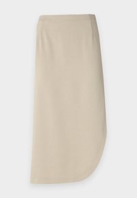 Beige knelengde skjørt med en myk tekstur, med en buet kant og sidelommer. Minimalistisk design uten synlige lukkinger.