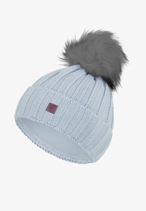 Light blue knitted hat with ribbed texture, featuring a grey faux fur pom-pom on top and a small brown brand tag on the side.